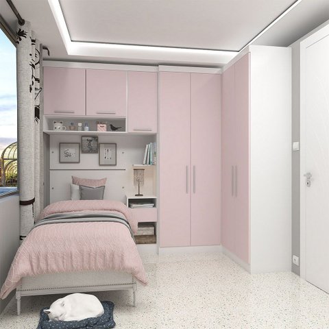 Quarto de Canto Solteiro com Guarda Roupas Cabeceira e Mesa de Cabeceira Alpes Luciane Móveis