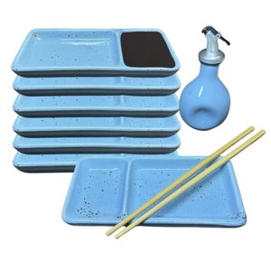 Jogo 6 Pessoas Sushi Comida Oriental Porcelana Azul Prato e Jarra Shoyu