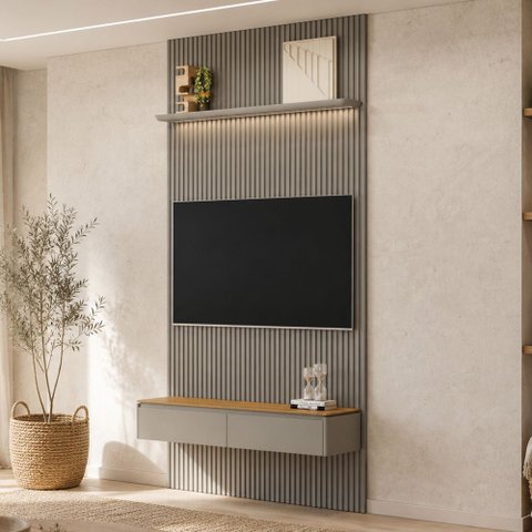 Painel Ripado para TV 60 pol com Bancada Orgânica e Prateleira LED 141cm Slats L05 Tauari Gris Fosco
