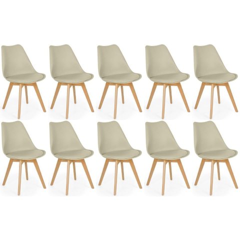 Conjunto 10 Cadeiras de Jantar Eames Wood Leda Design Estofada - Nude