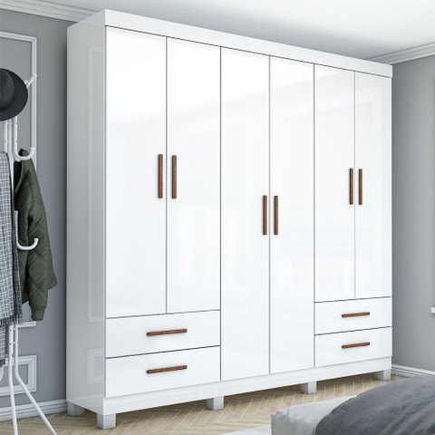 Guarda-roupa Casal Mondo 6 Portas 4 Gavetas com Pés Branco - Pnr Móveis