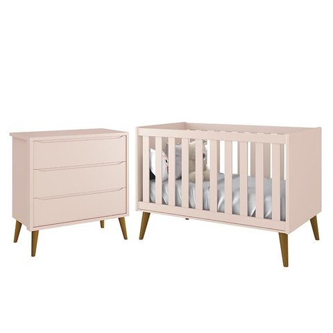 Jogo de Quarto Infantil Theo Retrô Cômoda 3 Gavetas e Berço Rosa com Pés Amadeirado - Reller Móveis