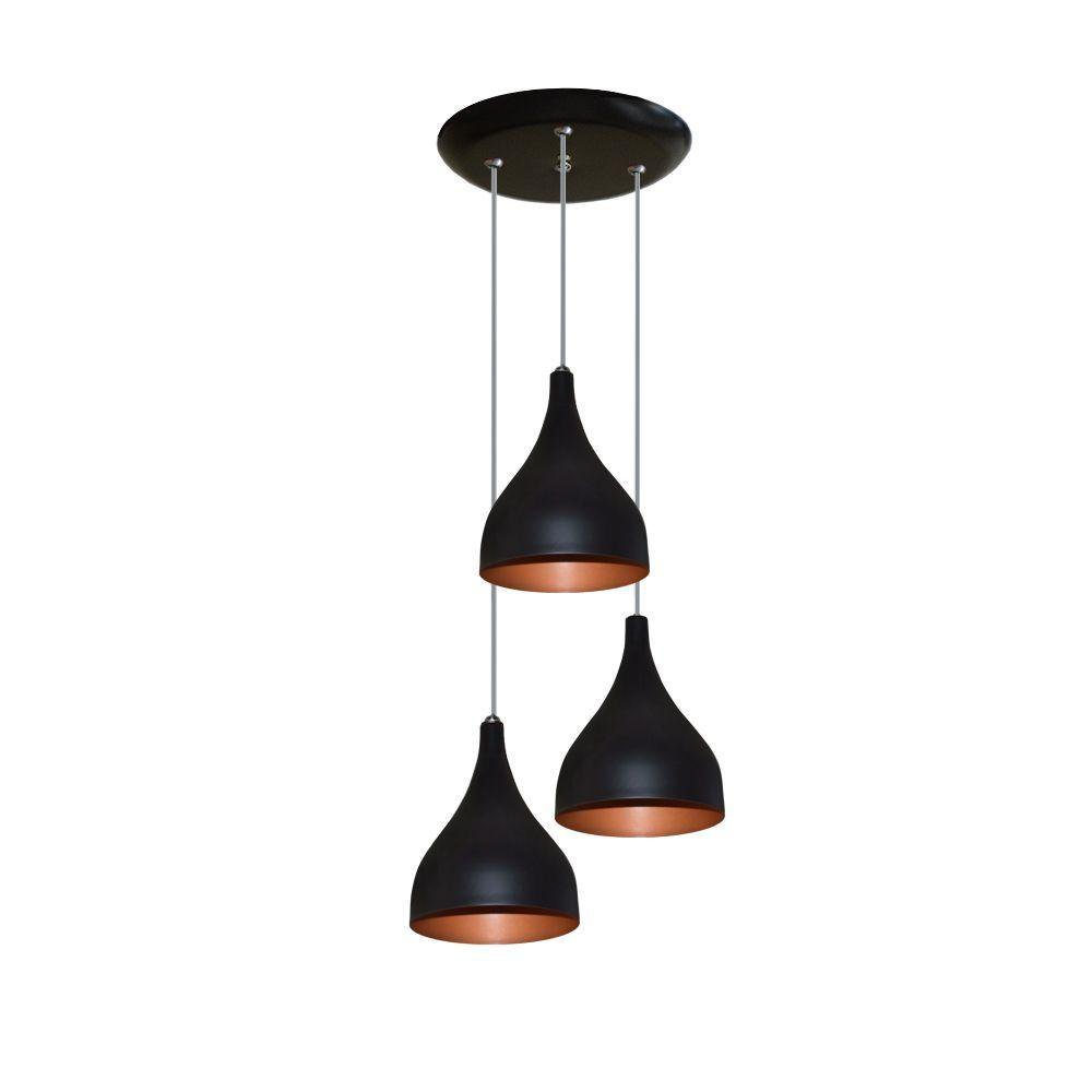 Luminaria Pendente Triplo Sala Cor Preto Com Cobre - 1