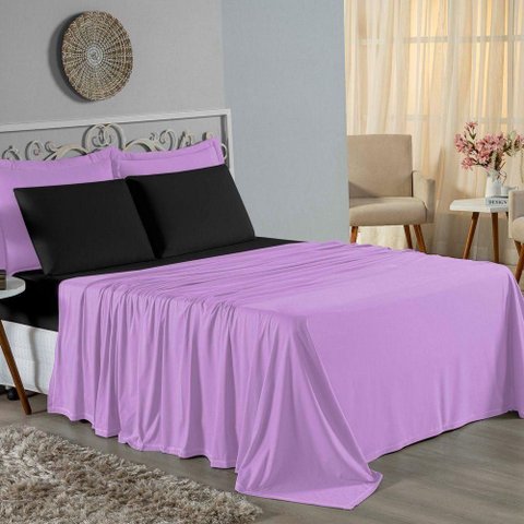 Jogo de Cama Casal Viúva Nobre 4 Peças Malha 100% Algodão - Lilás / Preto