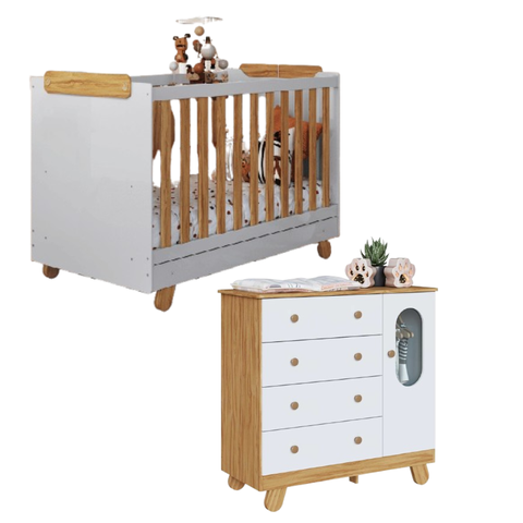Kit Quarto de Bebê Berço com Cômoda Pingo Cor Branco/amêndoa