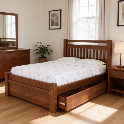 Cama Casal de Madeira Maciça com 2 Gavetas 140cm Escócia B07 Avelã - Lyam Decor