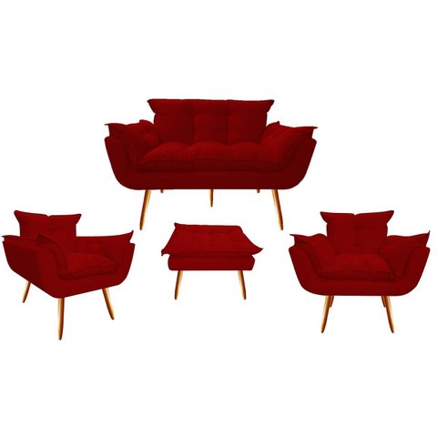 Kit Namoradeira + 2 Poltronas + 1 Puff Decorativo Opala Suede Vermelho Pés Madeira Ms Decor