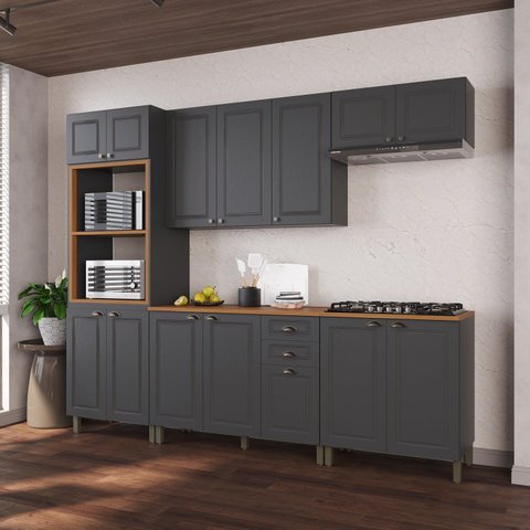 Cozinha Modulada 5 Peças 1 Torre Quente 2 Balcão com Tampo 2 Aéreos 100% MDF Bari