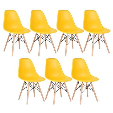 Kit 7 Cadeiras Charles Eames Eiffel Dsw - Base de Madeira Clara - Amarelo Multicolorido
