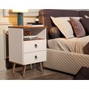 Ver imagem 2 de Mesa de Cabeceira Mad 2 Gavetas Estilo Retrô C Om Pés em Madeira Cor Off Whit / Freijó Jm