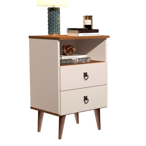 Mesa de Cabeceira Mad 2 Gavetas Estilo Retrô C Om Pés em Madeira Cor Off Whit / Freijó Jm