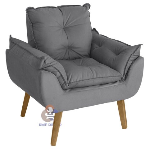 Poltrona/cadeira Decorativa Glamour Cinza com Pés Quadrado Cinza
