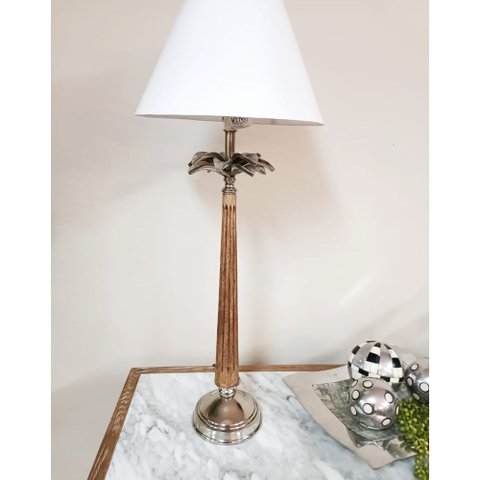 Abajur de Mesa com Cúpula Cônica Branca Madeira Natural e Metal Prateado Luxo E27 66 cm