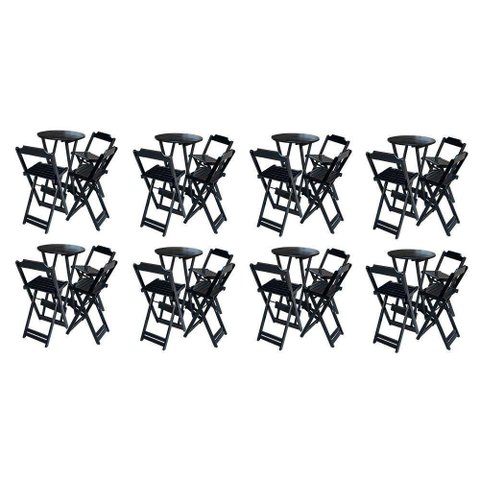Kit 8 Jogos De Mesa Bistrô De Madeira Dobrável Com 3 Banquetas - Preto