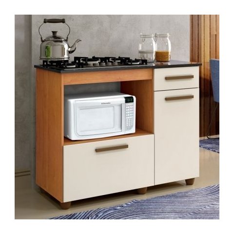 Balcão para Cooktop 5 Bocas 2 Portas 1 Gaveta Violeta Kaiki Móveis Nature/off White