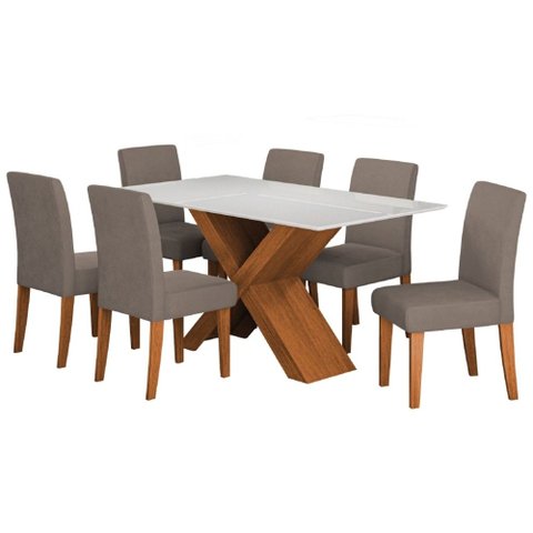 Conjunto de Mesa Sala de Jantar Tampo com Vidro 1,80m Grécia 6 Cadeiras Trieste Dobuê