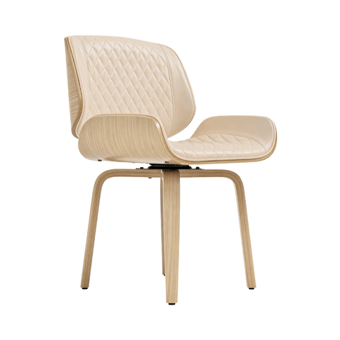 Cadeira Milão Base Fixa Giratória, Couro Sintético e Madeira Nogueira:bege Natural