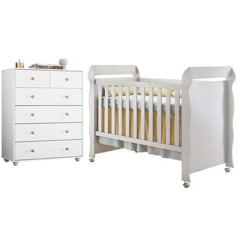 Berço Americano Mirelle com Cômoda Vittoria 6 Gavetas Branco - Móveis Albatroz