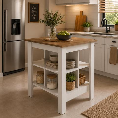 Bancada Ilha de Cozinha Gourmet 2 Prateleiras América Branco/Lâmina Mel - Mademovel