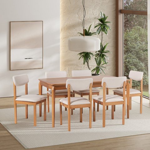 Conjunto Sala de Jantar com 1 Mesa Tampo Laminado 160cm e 6 Cadeiras Estofadas Florença Bege/Verniz