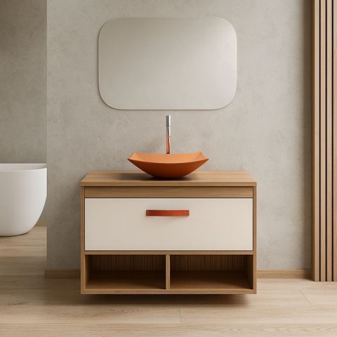 Conjunto Gabinete de Banheiro 70cm MDF Espelheira Cuba Vidro:Madeirado/Cinza