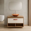 Ver imagem 1 de Conjunto Gabinete de Banheiro 70cm MDF Espelheira Cuba Vidro:Madeirado/Cinza