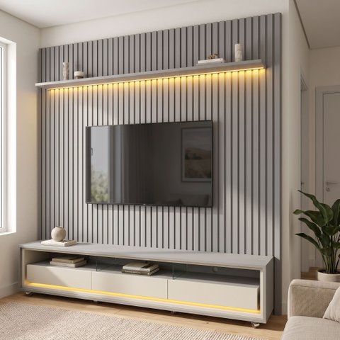 Rack com Painel Ripado para TV até 90 Polegadas em MDF com LED 295cm x 228,8cm Casuá Cinza Nobre