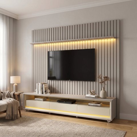 Rack com Painel Ripado para TV até 90 Polegadas em MDF com LED 295cm x 228,8cm Casuá Cinza Nobre