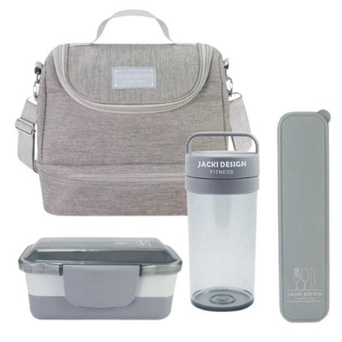 Kit Bolsa Térmica Pote Marmita 950ml Garrafa 550ml e Porta Talheres Joy Cinza