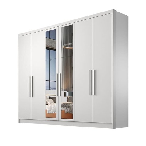 Guarda Roupa Casal com Espelho 6 Portas 8 Gavetas - Rizon-Branco - Móveis Novo Horizonte