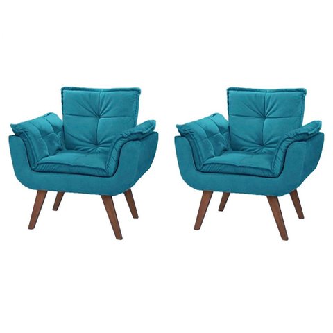 Kit Poltrona Decorativa Mona Luxo Suede Azul Tiffany Recepção