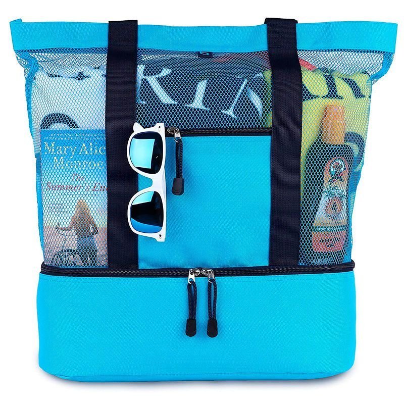 BOLSA MESH COMPARTIMENTO TÉRMICO PARA PRAIA PISCINA CAMPO PIQUENIQUE:Único/Azul/Unissex - 4