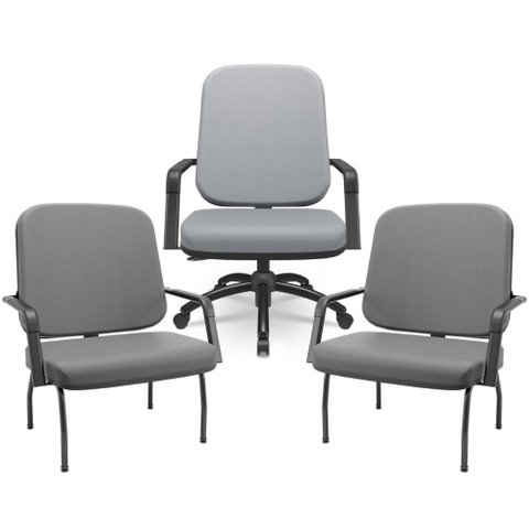 Kit Cadeira de Escritório Giratória e 2 Cadeiras Fixas Preta Magno P03 Vinil Cinza - Lyam Decor