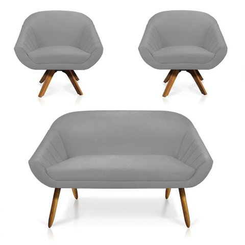 Kit 01 Namoradeira 02 Lugares e 02 Poltronas Giratória Giovana Suede Base Madeira Mm30 D’Rossi