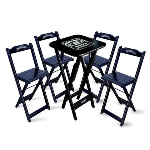 Conjunto de Mesa Bistrô Dobrável Jack Daniel's com 4 Banquetas de Madeira Preta - Cor: Preto