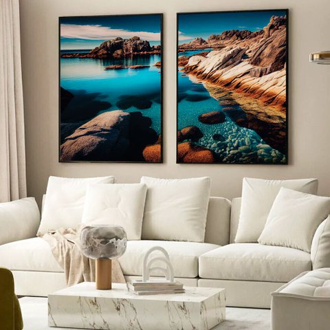 Kit Quadro Decorativo 2 Telas Oceano em Águas Claras Tacolado Moldura Caixa 3cm Madeira com Vidro 30