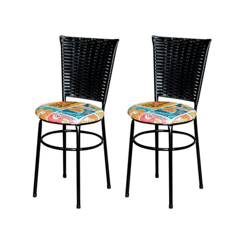 2 Cadeiras Pretas para Cozinha Hawai Preta com Assento Floral Cor:happy Hour