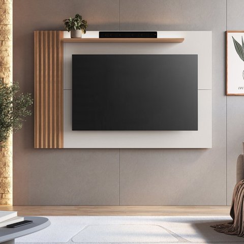 Painel Ripado para TV até 65 Polegadas 182cmx120cm Detalhe Arkansas Bege Freijó/Off White