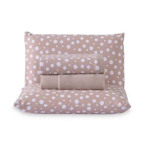 Jogo de Cama Lençol Queen Poá 100% Algodão Bege Estampado Bolinha Toque Macio 4 Peças