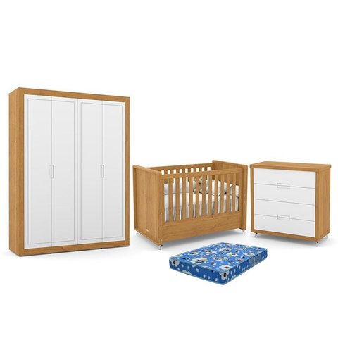 Dormitório Tutto New 4 Portas, Cômoda 4 Gavetas e Berço Freijó/Branco Soft com Colchão - Matic Móvei