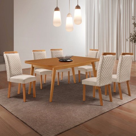 Mesa de Jantar Copper 180cm Tampo MDF Canto Copo Laminado e 6 Cadeiras Lorena