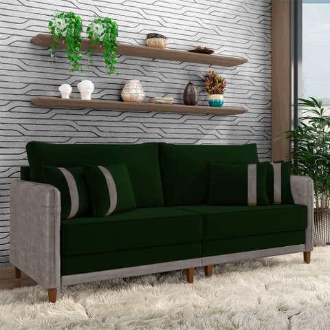 Sofá Montecarlo 3 Lugares 232cm Veludo/pu Verde/cinza
