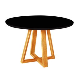 Mesa de Jantar Tampo Mdf/vidro Redonda para 4 Lugares Pés Madeira Maciça Pérola - Mel/Preto - 1