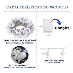 Cordão Led Fio Luz 8 Funções 100 Bolinhas Branco Quente 127v - 9