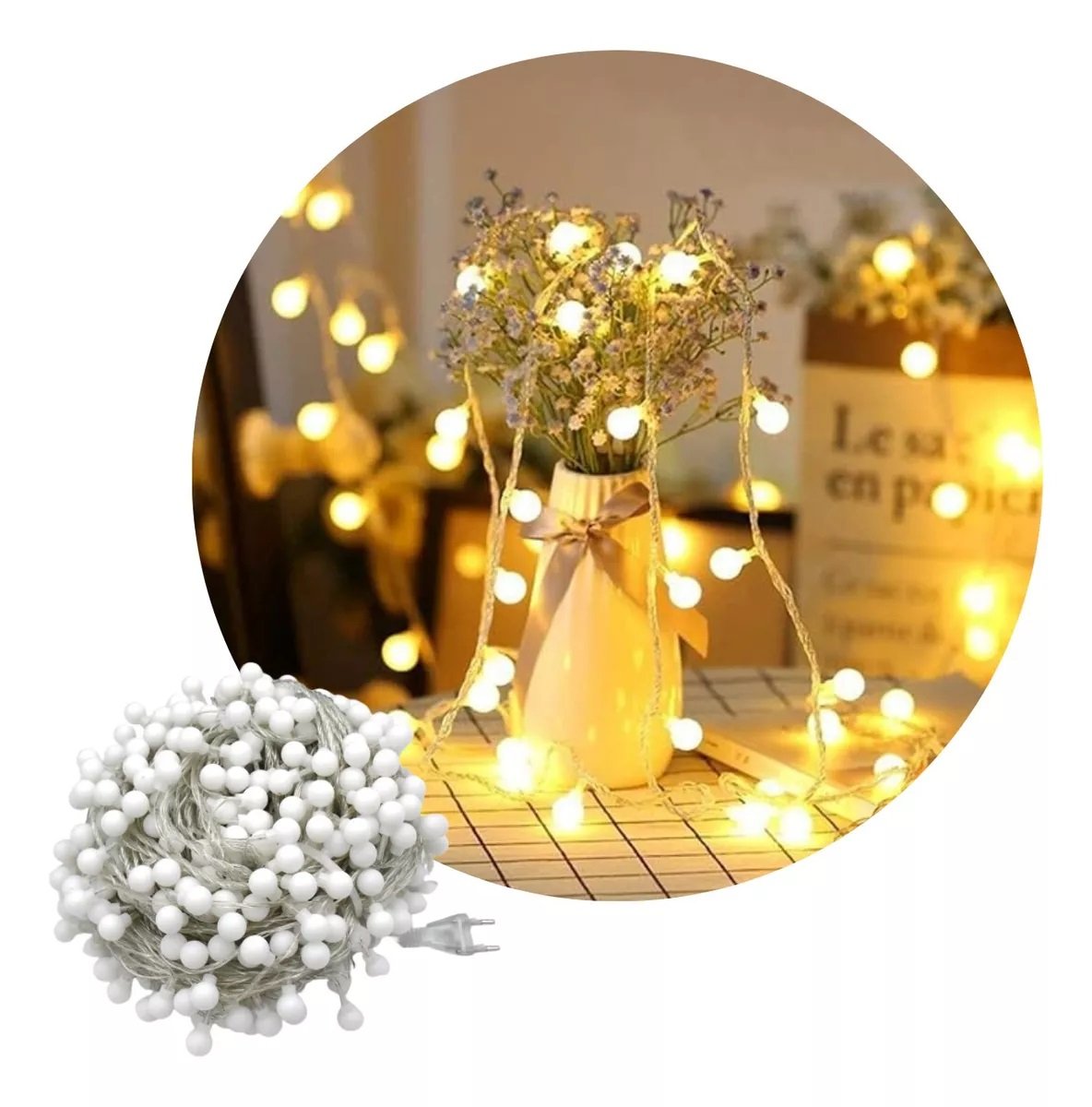 Cordão Led Fio Luz 8 Funções 100 Bolinhas Branco Quente 127v