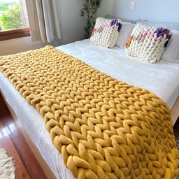 Manta Peseira de Maxi Tricot Queen 0,70x2,20m, Cor Mostarda - Magma Cotton - 5