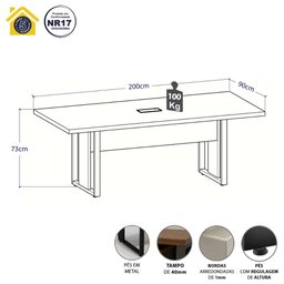 Mesa de Reunião 2,00m 1 Caixa de Tomada Pés Metal Quadro F5 - 2
