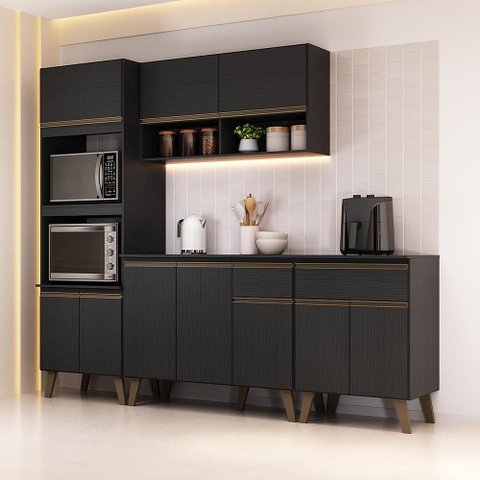 Cozinha Completa Atlanta 10 Portas 2 Gavetas MDP 225cm Preto Touch Móveis Carraro