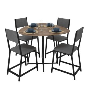 Mesa Palheta Lamina Preto + 4 Cadeiras Hera Estofado Cinza