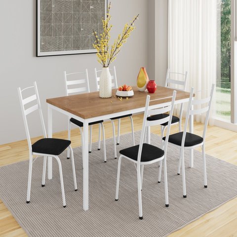Conjunto Sala de Jantar Mesa Retangular Tampo BP com 6 Cadeiras Adriana Branco/Preto